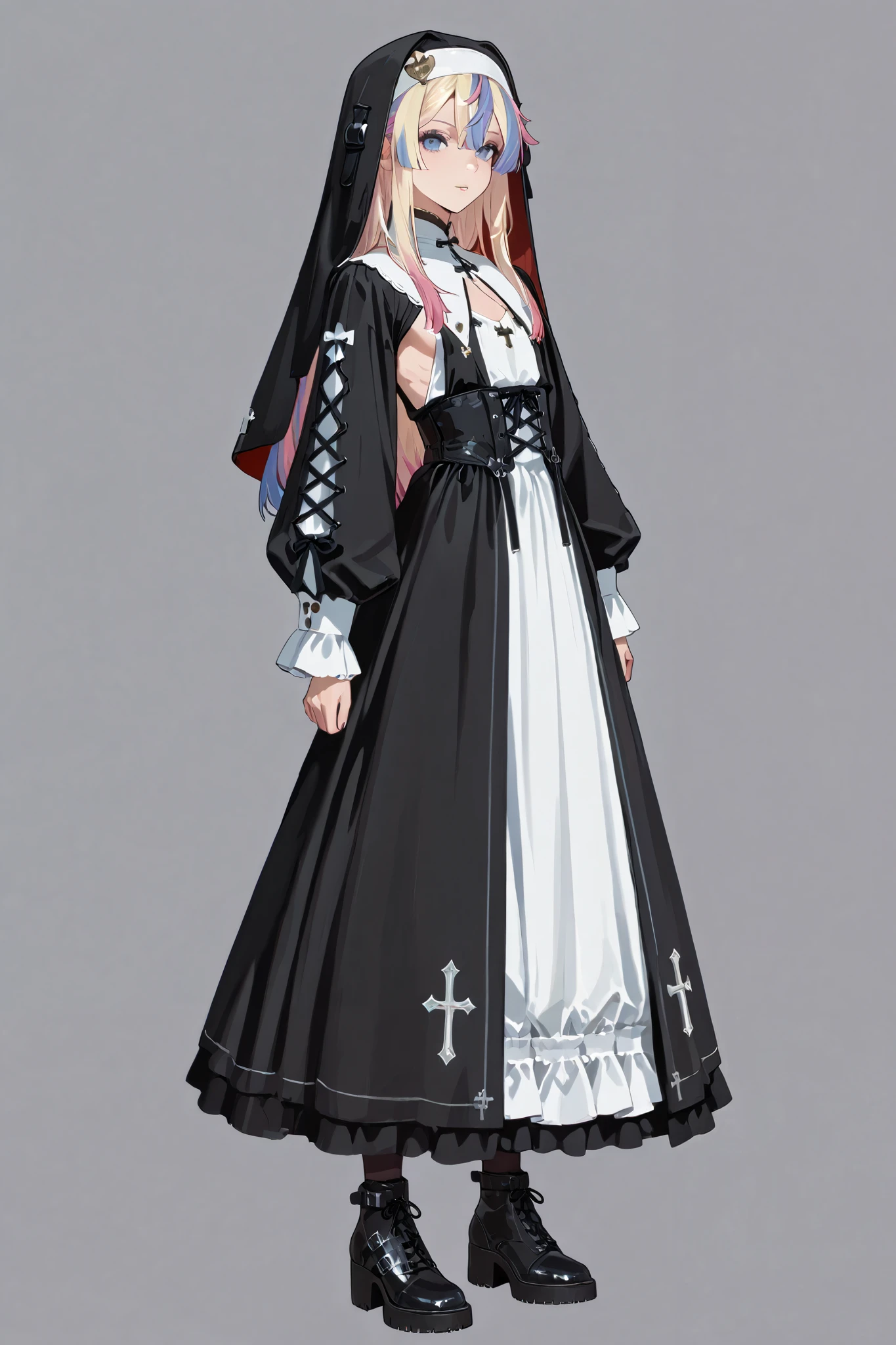 1male,handsome,top quality,high quality,masterpiece,beautiful young man, lean, 6 foot tall, nun outfit, side boob, vampire, detailed face, Gothic, ta fashion, simple background, long hair, multi colored hair, long dress, laced clothing, stockings, platformed shoes,
