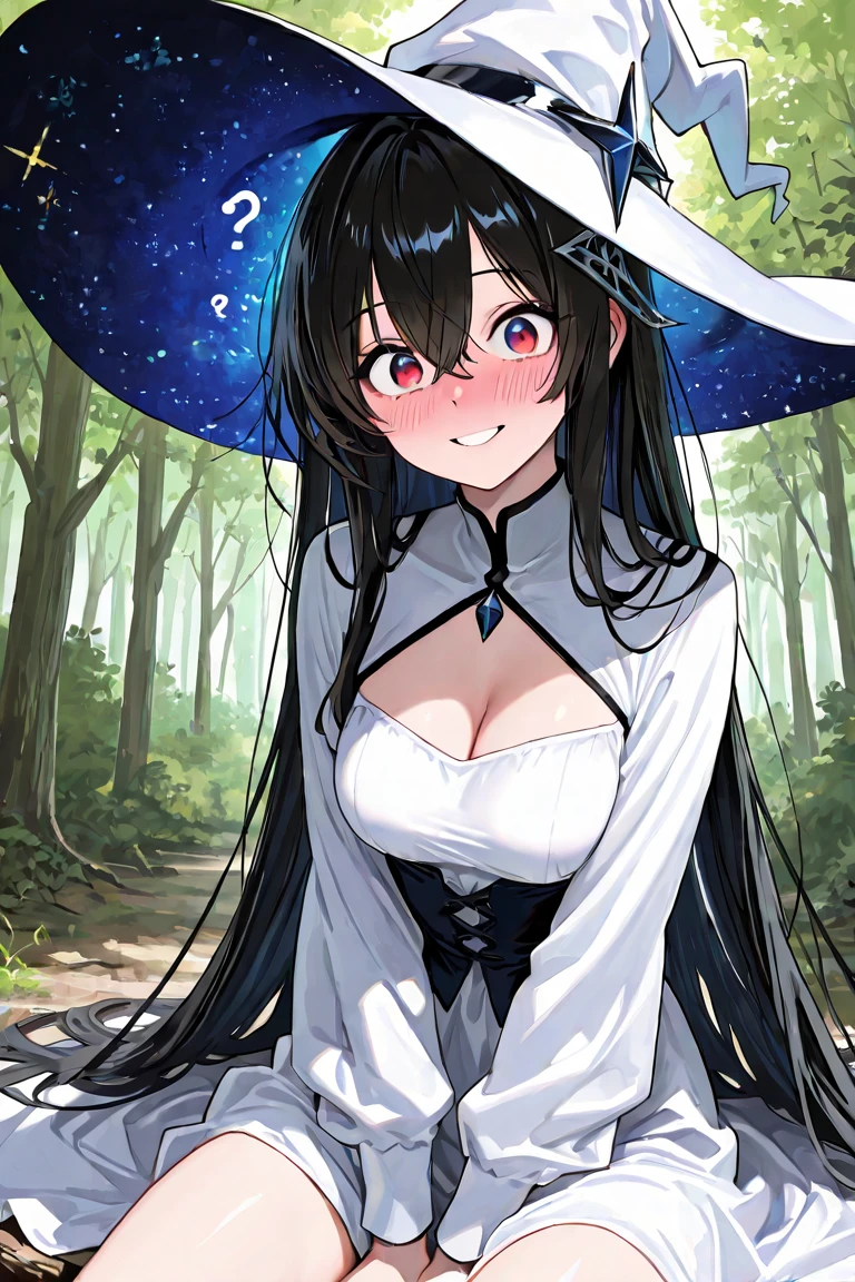 high quality, super detailed, 最high quality, Extremely detailed, beautiful, masterpiece, 1 girl, alone, figure, night forest, particle light, cowboy shot, looking at the viewer, red eyes, long hair, bangs, black hair, witch, witch hat, bodycon dress, cat tail, big breasts, cleavage, thighs, closed mouth, smile, blush
