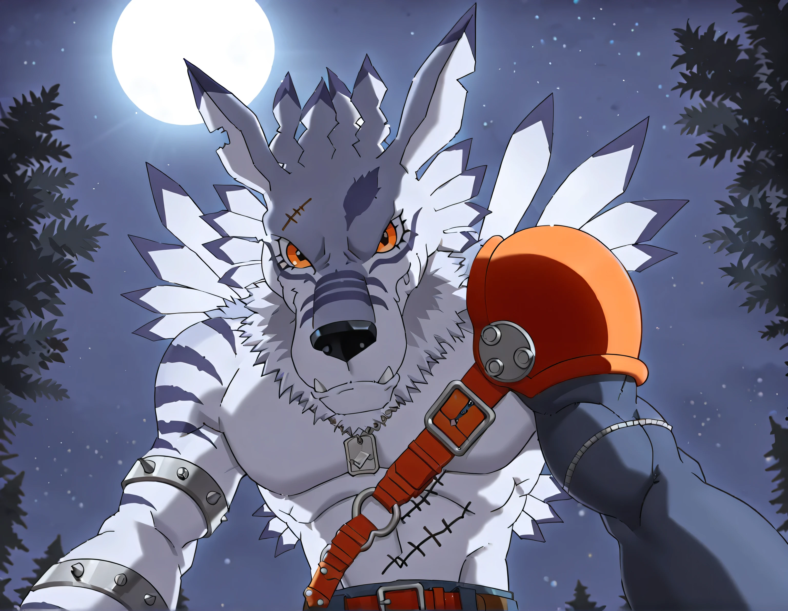 weregarurumon, weregmonil, ripped blue jeans with a spiked knee-pad on the right leg, a leather pauldron on left shoulder, blue arm sleeve on left arm, dog_tag, silver armbands right arm, anthro, male, wolf, light blue fur, orange eyes, dark blue stripes, solo, high quality, score_9_up, score_8_up, looking at viewer, half body, looking at viewer, low_angle shot, from below, forest, night, blocking the moon, (((backlight, strong moonlight, in shadows, highlights, strong shading)))