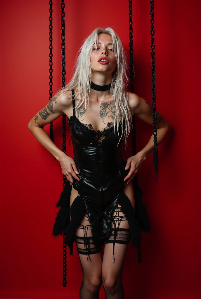 Photograph of an anorexic emaciated extremely skinny Swedish female model, she is smiling, completly naked except for leg stockings and neck choker, sweaty wet body, the lighting in the room good and there are no dark areas or shadows, show full height of model from ankles up, she is sitting on a kitchen table, she has a pink bow in her hair, her legs are spread open, her knees are apart, she is facing the camera, she is looking at the camera, her body is wet with sweat, wide diamond neck choker 12 inches wide, beautiful colored necklace, jewelery on wrist, rings on fingers, show breasts, show legs, she has a big smile, her teeth are showing, medium sized breasts, long legs, she has long white hair in a ponytail, large hoop earings, bright red lipstick, incredibly skinny body, extremely skinny body, emaciated body, tiniest waist ever, well-defined collar bones, well-defined hip bones, well-defined ribcage, extremely skinny arms and legs, weak and fragile body, masterpiece, anatomically correct, textured skin, super detail, high details, high quality, best quality.
