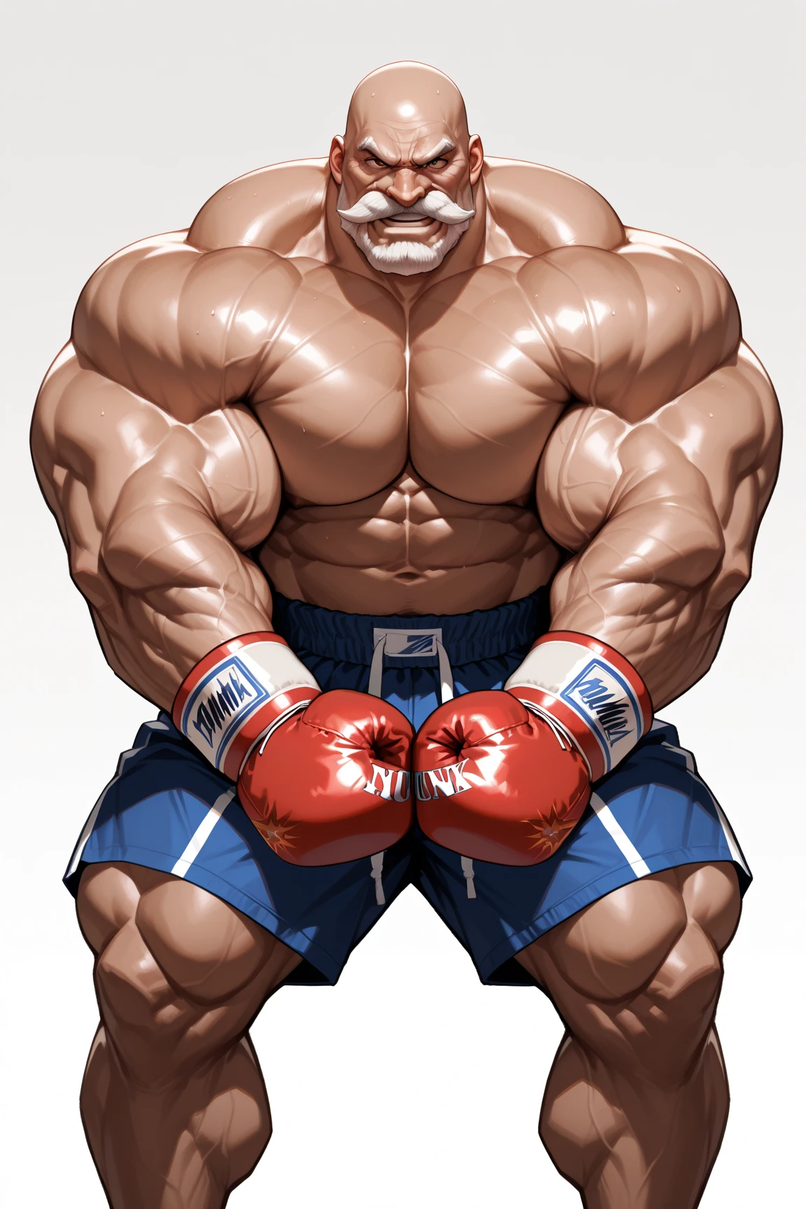 (magazine cover), with text, solo, 1boy, (Huge Muscular Old man as a boxer, wearing boxing gloves , wearing shorts) (short hair, 2tone hair color, two tone hair colors, red and white hair color), pectoral, abnormal muscle size, very big muscle, absurdly muscle size, huge pectoral, wide pectoral, short white hair, short bearded, simple background, masterpiece, high detailed, 8k, high resolution, --style 250, -- v 6.0
