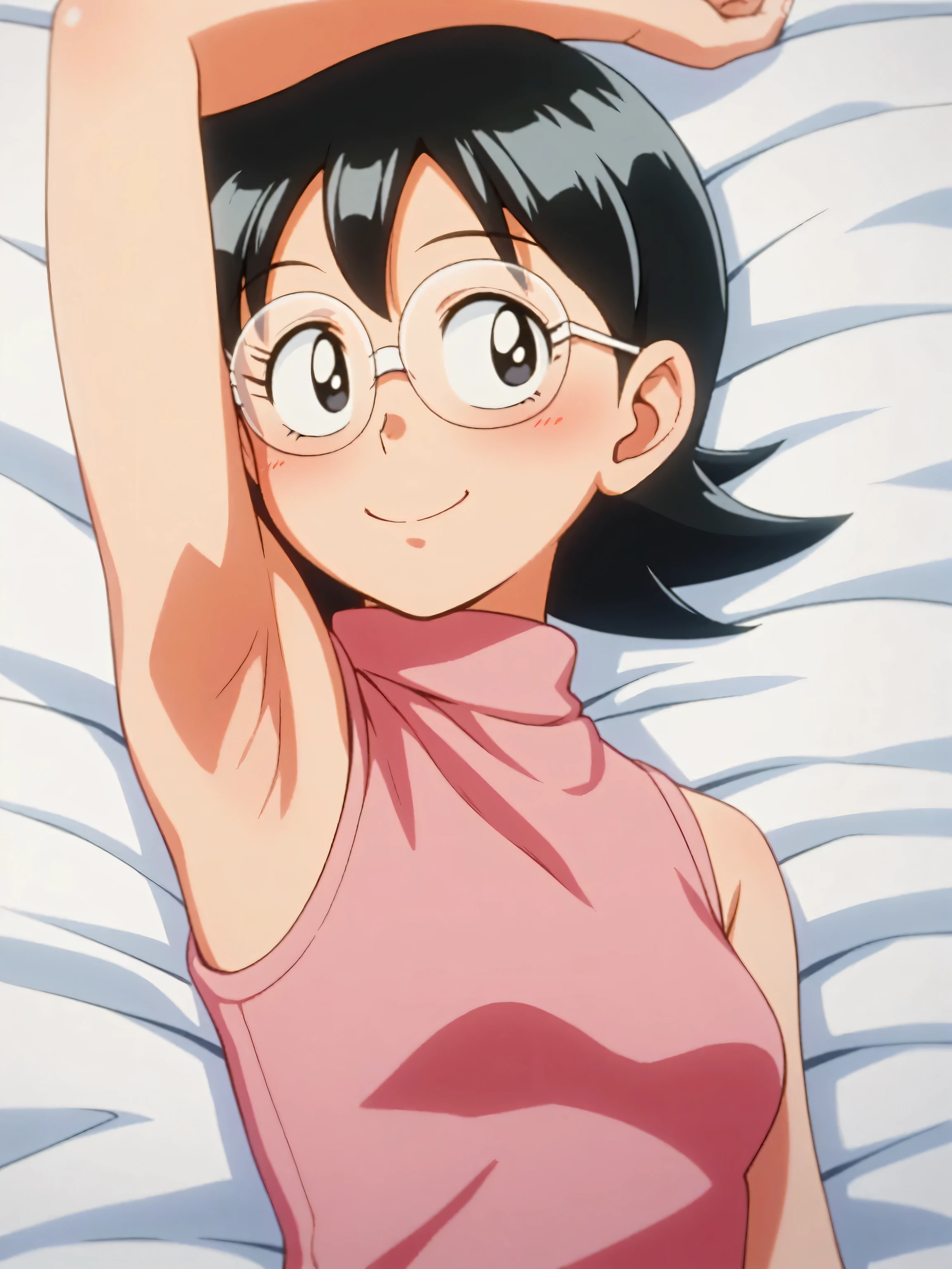 score_9, score_8_up, score_7_up, source_anime, anime coloring, masterpiece, best quality, amazing quality, anime screencap, 1girl, solo, tamako nobi, black hair, black eyes, glasses, pink sweater, sleeveless sweater, bare shoulders, bare arms, arm up, raised arm, armpit, head towards viewer, looking at viewer, smile, blush, closed mouth, armpits focus, Doraemon style, retro anime style, lying in bed