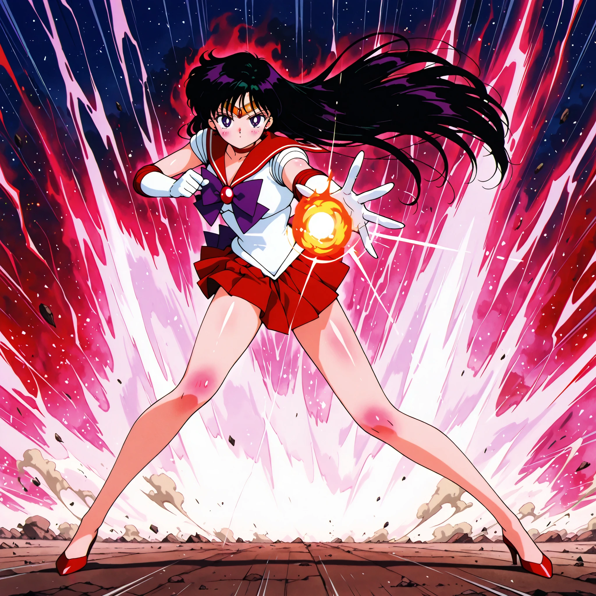 masterpiece,best quality,amazing quality, rei hino, black hair, long hair, purple eyes, parted bangs, gloves, magical girl, red skirt, sailor senshi uniform, white gloves, bow, purple bow, sailor collar, red sailor collar, red heels, full body, looking at viewer, kamehameha, sailor mars fireball, energy own fireball, aura, dust, motion lines, speed lines, clear skin, ultra-detailed-eyes, soft skin, very awa, very as2, (body blush:1.2), shiny skin, shiny hair, soft body, 90's style, official art