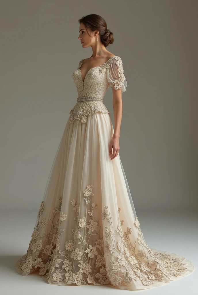 Masterpiece, 1 Girl, Beautiful Face ((((A Chinese-inspired dress featuring lace elements at the neckline and cuffs, a traditional moire pattern, details including pleats, embroidery and beads. The fabric is silk and crepe))),(((long dress))), ((with bows or flowers at the waist or neckline)),(Full Body:1.5),(cute face:1.3),(huge breasts:1.3),(long blonde hair:1.3)