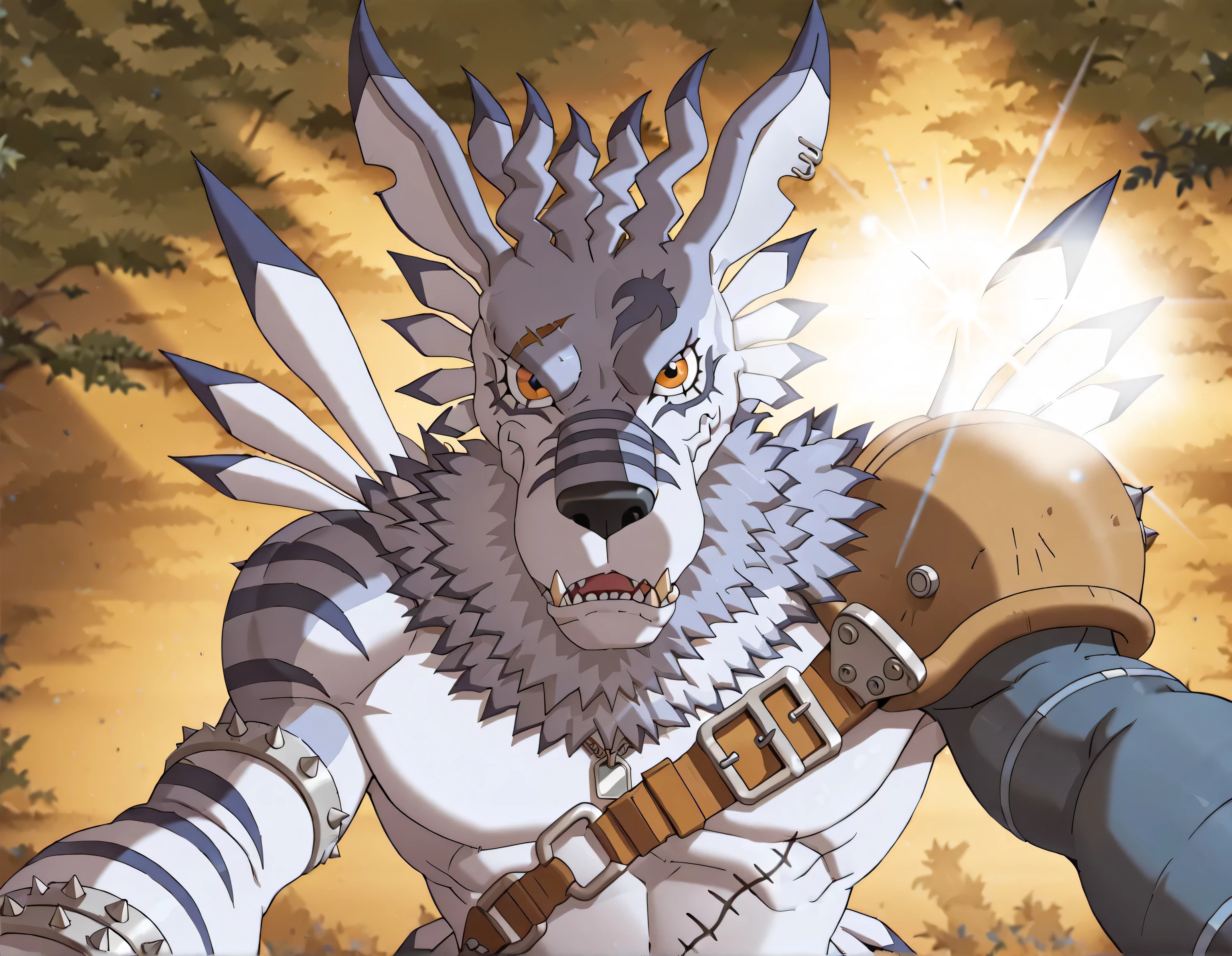 weregarurumon, weregmonil, ripped blue jeans with a spiked knee-pad on the right leg, a leather pauldron on left shoulder, blue arm sleeve on left arm, dog_tag, silver armbands right arm, anthro, male, wolf, light blue fur, orange eyes, dark blue stripes, solo, high quality, score_9_up, score_8_up, looking at viewer, half body, looking at viewer, forest, blocking the sun, (((backlight, strong sunlight, in shadows, highlights, strong shading))), speaking