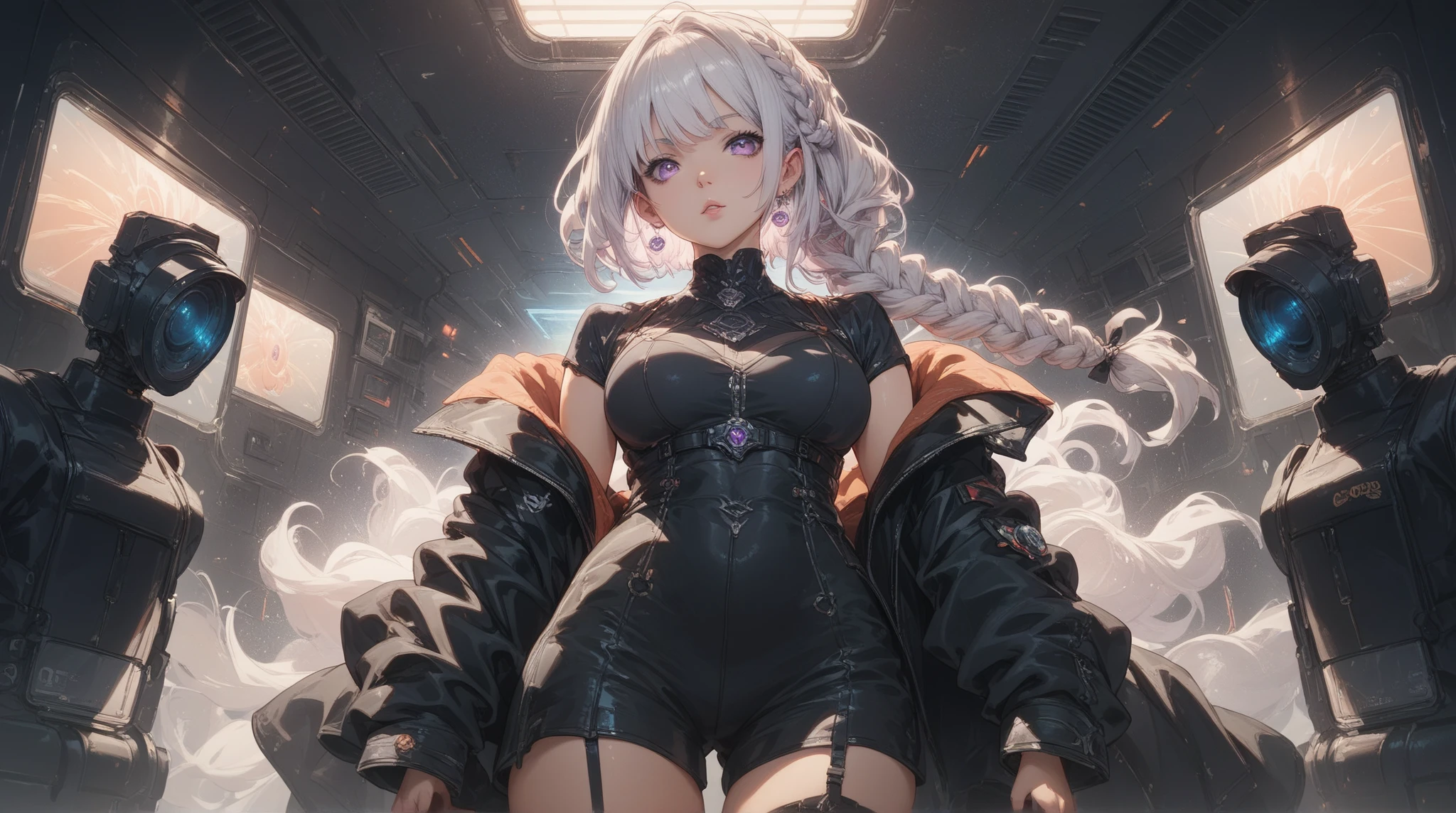 ((Best quality)), ((masterpiece)), (detailed:1.4), 3D, an image of a beautiful cyberpunk female,HDR (High Dynamic Range),Ray Tracing,NVIDIA RTX,Super-Resolution,Unreal 5,Subsurface scattering,PBR Texturing,Post-processing,Anisotropic Filtering,Depth-of-field,Maximum clarity and sharpness,Multi-layered textures,Albeo and Specular maps,Surface shading,Accurate simulation of light-material interaction,Perfect proportions,Octane Render,Two-ton lighting,Wide aperture,Low ISO,White balance,Rule of thirds,8K RAW,long braid on one side,wet panties,Take the floral panties,white panties,can saw a trace on my underwear vagina,Pink floral panties,two leg only, panties is very wet,The panties are so sheer you can see the pussy,(idle),Spread legs,can see the pussy from panties,black stockings,black garter belt,zoom in pussy,very huge breasts,Breasts as big as watermelons,tight legs,big labia majora pussy,Put hand on the genital area where you are wearing underwear,two women,big tits,There was another woman who was naked Another woman was wearing white lingerie with a floral pattern,very big breasts,big clitoris female genitalia, sci-fi shirt,pubic hair,There is a small tattoo above the genitals,Lace patterned panties,The pussy is dark in color,There is a lot of white hair on the pussy,There is sweat on the body,Pulling up panties to show her pussy,white color hair women,(white color panties),lots of white fur,Spread legs,Both hands were tied with handcuffs,Tight underwear,lot of public hair,woman with a cold personality,There are semen stains on various parts of the pussy,leather hoodie
