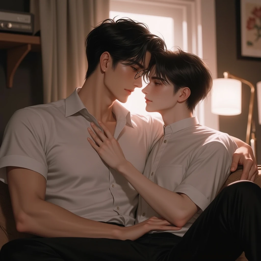 Man kissing sleeping man、Yaoi、Two men、A dark-haired、male-centered、The shirt、Blue plaid shirt、shorth hair、White and light grey plaid shirt、mole under mouth、Staring at others、in a house、耳Nipple Ring、Simple piercing