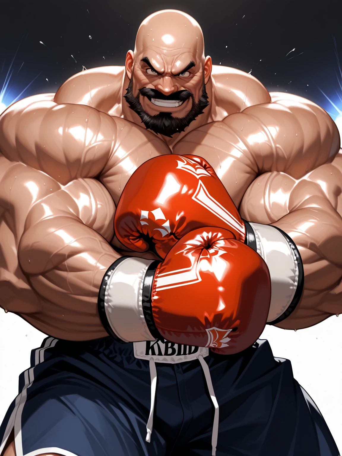 (1fat man:1.4),solo,large penis, covered penis,dark-skinned fat man, interracial, smirk,(He wears boxing shorts),topless, Boxing Gloves, looking at viewer, (((standing))), fighting stance, (wrestling ring),(((masterpiece))),(((best quality))),((ultra-detailed)),(illustration),((an extremely delicate and beautiful)),(detailed background:1.3),