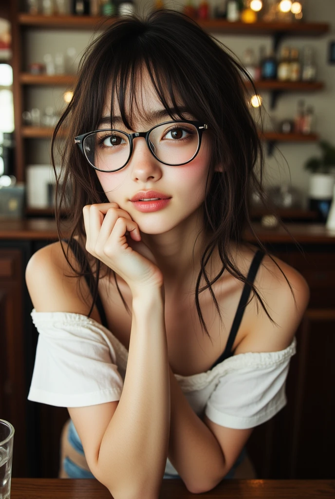 Top quality, one beautiful woman, 20 years old, dark brown eyes, glasses, braids, black hair, pale skin, medium chest, slendar body, no bras