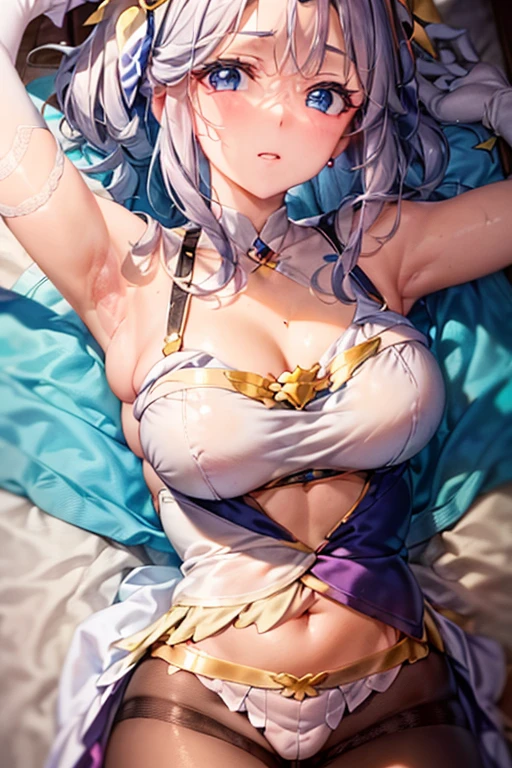 ((masterpiece)), Highest quality, Very detailed,(One Girl),Finafam Earth Light、Finafam Earth Light, Green Eyes, Long Hair, Purple Hair, dress, gloves, jewelry, Cleavage, PRİNCESS,elbow gloves,tiara,brooch,white gloves,Beautiful background, chest, Bent body,Lie in, The dress is falling apart, Look to the side, Worried face, The female genitals are in full view, Drunk look, Hot body、Sweaty、Spread your legs、Opening the vagina with your fingers、Female genitalia seen deep inside、 Browsing Caution, (((Trembling Body))), (((Squirting climax))), (((aroused))), (((in heat))), (((Drooling))), NSFW, 