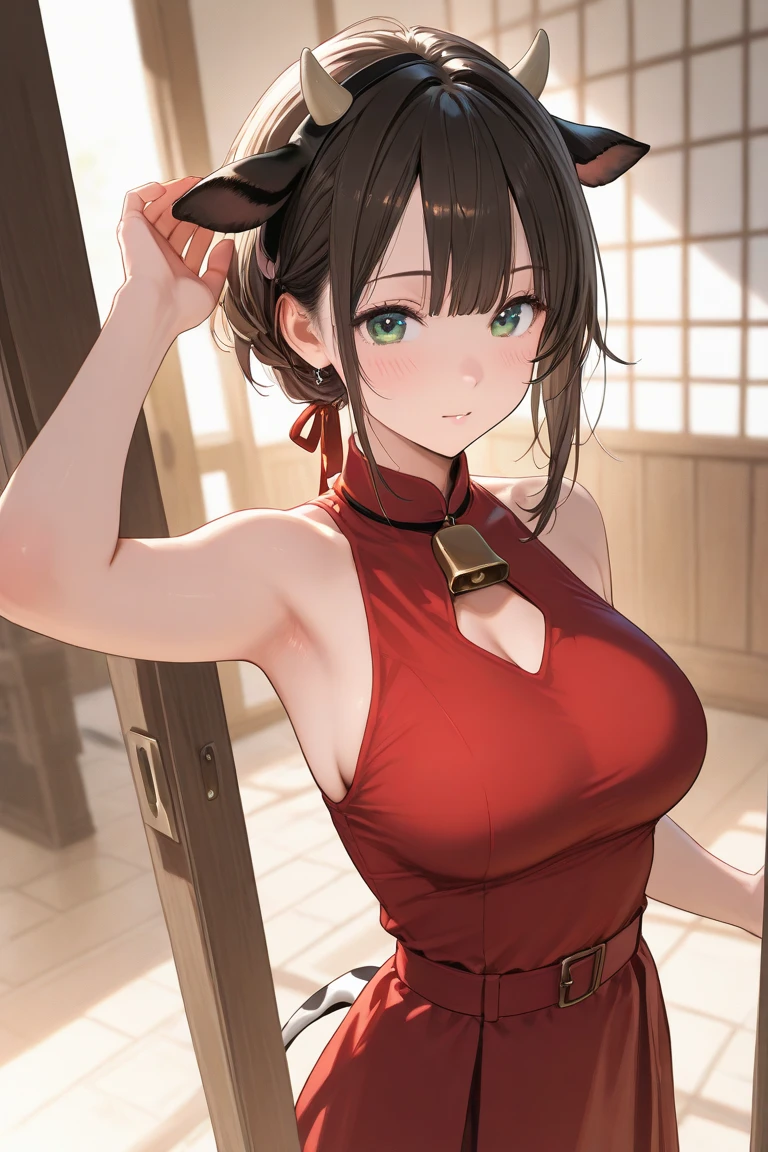 (masterpiece:1.2, highest quality), (realistic, photorealistic:1.4), beautiful illustrations, (natural side lighting, movie lighting), NSFW,
looking at the viewer, face focus, Upper body, 1 girl, Japanese, high school girl, perfect face, Cute symmetrical face, (shiny skin:1.3), perfect eyes,
(double bun:1.3, brown hair), asymmetrical bangs, brown eyes, (large breasts:1.3), thin waist,(big ass:1.2),
beautiful hair, beautiful face, detailed and beautiful eyes, beautiful clavicle, beautiful body, beautiful breasts, beautiful thighs, beautiful feet, beautiful fingers,
((fine cloth texture, Sleeveless Red Micro Mini Cheongsam, Slit at waist)),
(beautiful scenery), evening, (Ramen shop), walk,(little smile, upper eye), ,((Please show me your armpits)),side ,