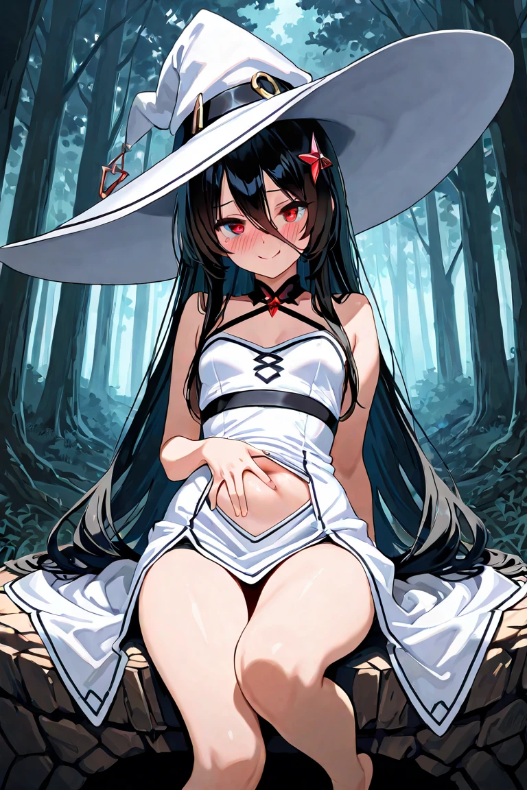 Hu tao, brown hair, red eyes, hat, exposed body, flat chest, small breasts, completely nude, wet thighs, ((night florest background)), large trees, flashing tits, ghosts near her, erotic pose, smirk, scary ghosts, (best quality,4k,highres,masterpiece), artistic style,subdued colors, vivid colors, professional lighting, detailed lips, detailed eyes.