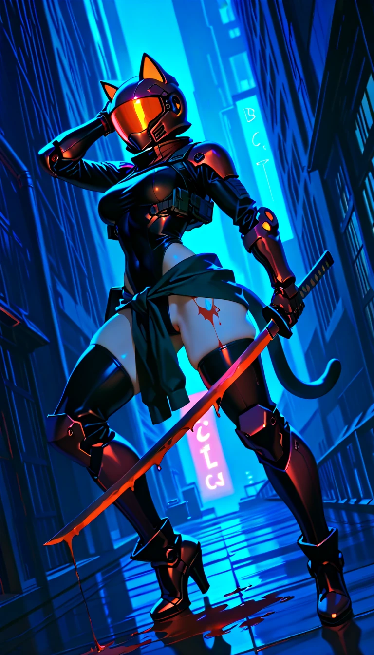 Hyperrealistic version of a woman kneeling down with a sword in her hand, very beautiful cyberpunk samurai, anime cyberpunk art, cyberpunk samurai, cyberpunk anime art, anime cyberpunk, cgsociety 9, digital cyberpunk anime art, style of maciej kuciara.1girl, samurai armor, helmet oni evil mask,intricate, ornaments detailed, cold colors, metal, egypician detail, highly intricate details, realistic light, trending on cgsociety, glowing eyes, facing camera, neon details, ultra realistic details, portrait full body, japanese atmosphere, global illumination, shadows, octane render, 8k, ultra sharp.cool lolita. 