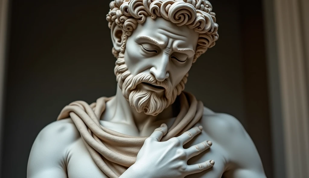 Create white statue Marcus Aurelius strong sitting with his hand on head pensive in 8k cinematica