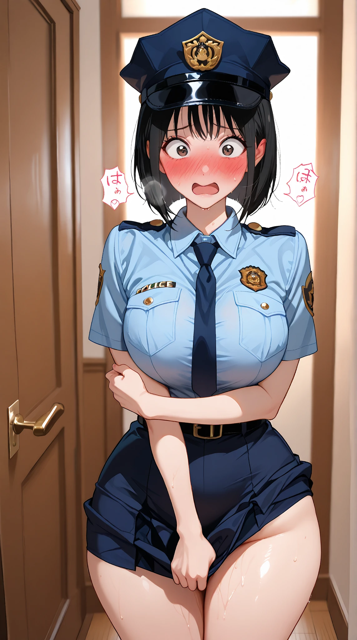 (perfect body),highest quality,(8K portrait),(anime screen cap)、(nsfw)、(sex)、female police officer、((surprised)),blush,Sweat,((big breasts))、police hat、(black hair),((bob cut))、yellow eyes,(thick thighs),big ass、((gray sports panties、gray sports bra))、grit your teeth、adult woman、office room、hand on chest、wince,(orgasm:1.5),awaiting tongue、(ecstasy:1.3) ,(slut:1.2),(vulgarity:1.3),(fucked silly:1.1),(steam:1.1),(wet:0.8),(trembling:0.8),(tears:0.7) ,(drooling:0.6),(sweat:0.8),