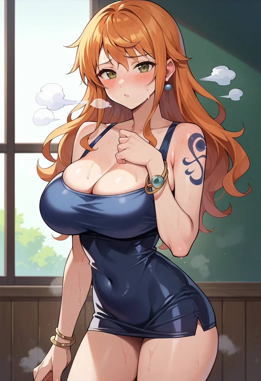 score_9, score_8_up, score_7_up, source_anime, best quality, clear face, Nami, orange hair, long hair, orange eyes, large breasts, perfect body, standing, looking at viewer, smile, cleavage, tight dress,clothes, thighs, gorgeous room, lighting, hotel, lift breast, support breast