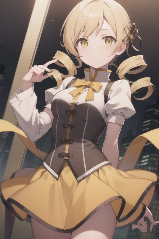 masutepiece, Best Quality, 1girl in, (Mami Tomoe), Blonde hair, Drill Hair, twin drills, (Yellow eyes:1.2), evening, Sunset,、((Photo from directly below))、((pencil skirts))、((Office Suits))、((Blouse))、((Black miniskirt))、((pantyhose))、((high-heels))、((vests))