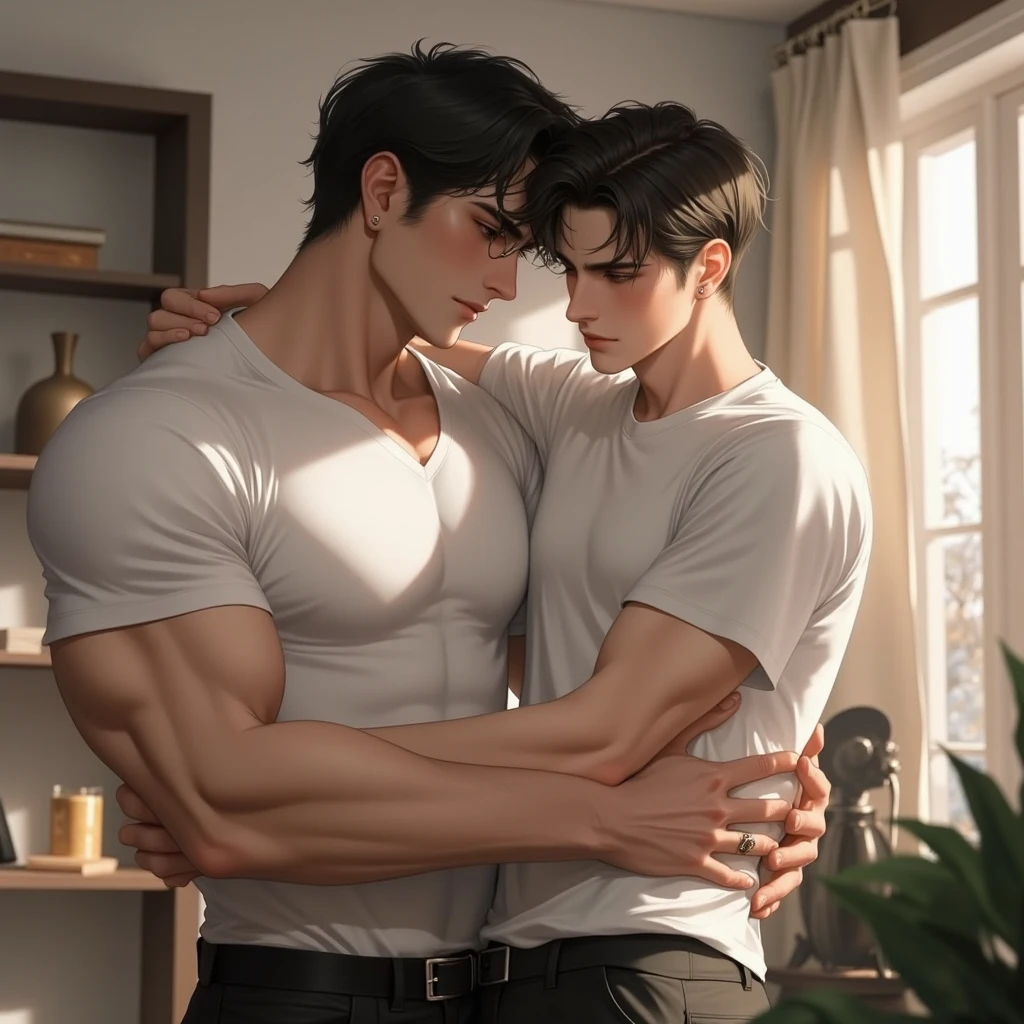Two twin male characters wearing a gray , that one has hair up to his shoulders and the other up to the nape of his neck with honey-colored eyes