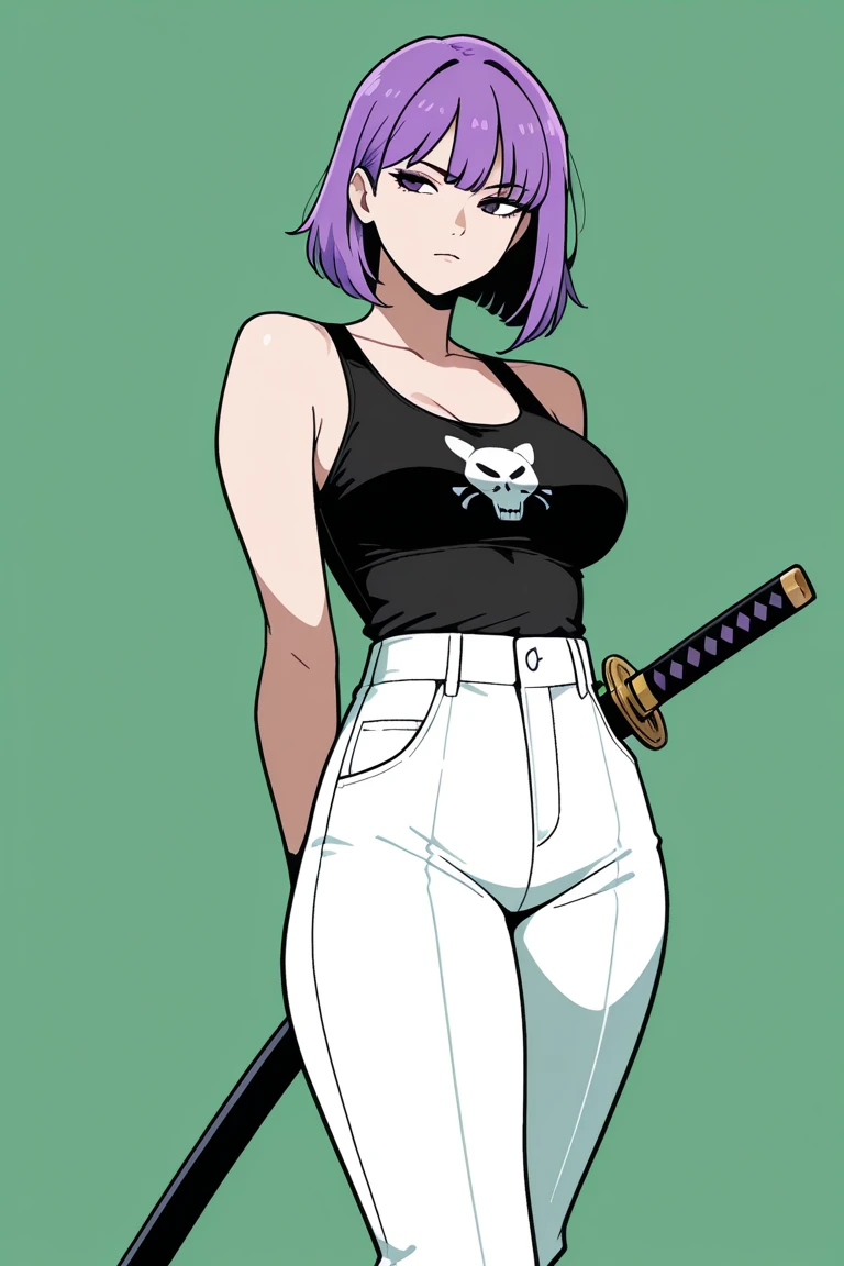 Holding dual swords、Silver short hair、assassin、Sarashi on the chest、Black thin pants