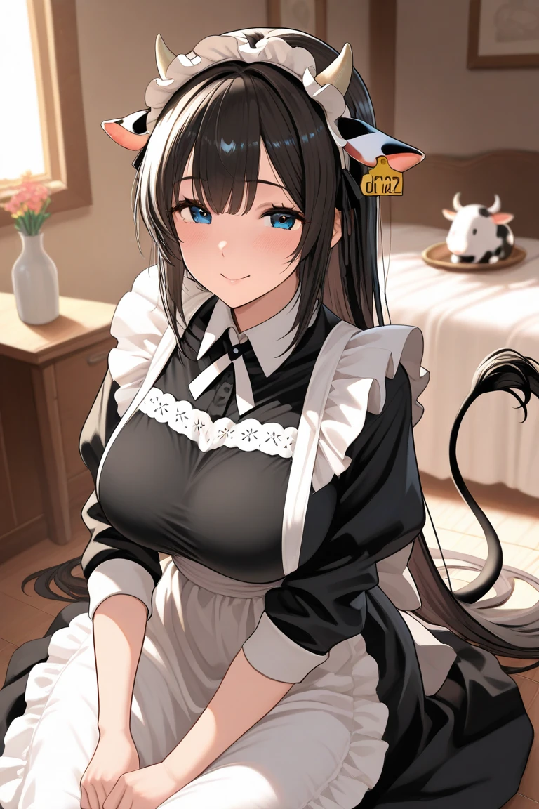 1 girl, black hair, ((hair tied in pigtails)), very long hair, bangs, ((wearing a cute maid outfit)), holding a coffee, ((short outfit)), ((tight clothing)), (((very thick thighs))), (((very large breasts))), ((cat ears and tail))