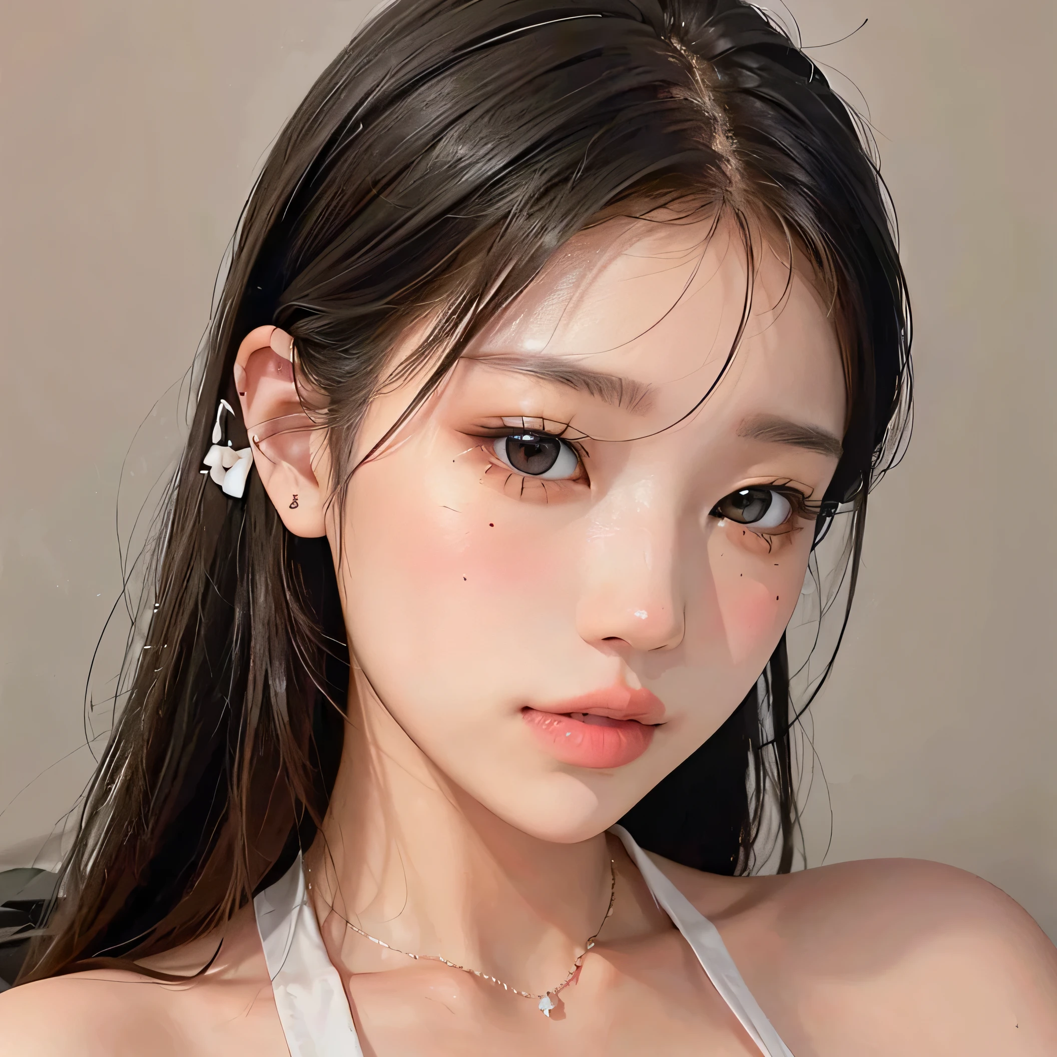 hay una mujer con un top rosa y una flor blanca en el pelo, ulzzang, chen xintong, xisionwu, pale korean adorable face, Young cute pale asian face, joven y adorable rostro coreano, wenfei ye, hermoso rostro estetico, maquillaje popular de corea del sur, dilraba dilmurat, cara linda y clara, realista. cheng yi