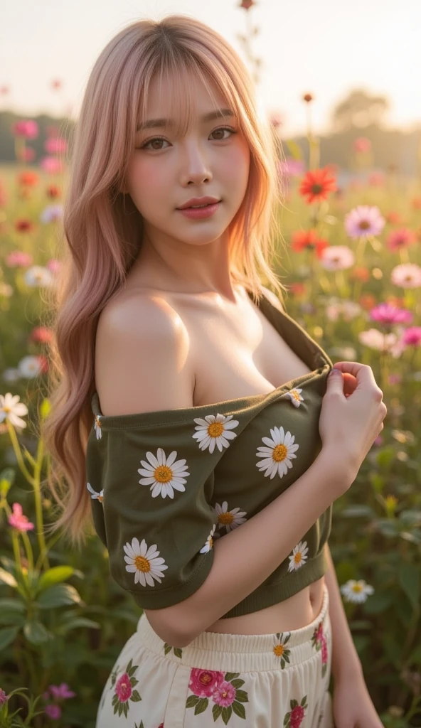 Top quality, RAW Photo, Highest Quality Image, 16K, Full body, Age 18 years old, Realistic, Photorealistic, Beautiful Asian Girls, Sexy, Perfect slender body, White pale skin, Beautiful hair, Wavy hair, Green Hair,, Short hairstyle, Detailed face, Detailed body, Detailed skin, Double eyelids, Big eyes, long eyelashes, bright eyes, green eyes, natural lips, detailed lips, slender legs, thin waist , small hip, Naked, Pussy, Hairy, brown nipples, Very saggy breasts, flat chested , detailed breasts, apart breasts, Big Breasts, soft breasts, small thighs, posing in flowers field, pink tone light , soft light , smiling, light wind,