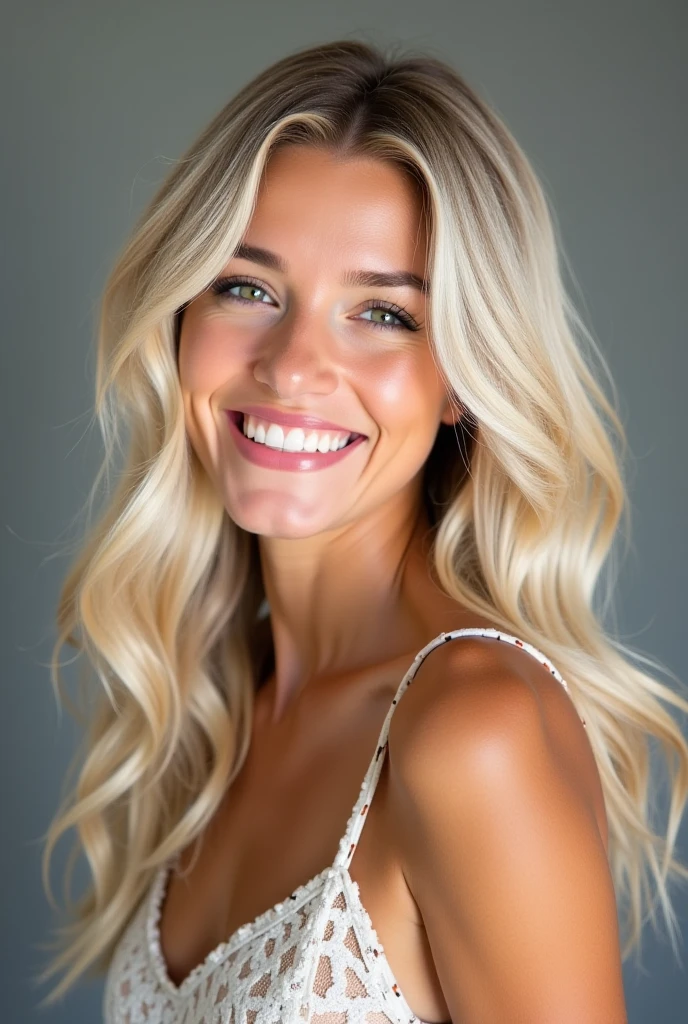 Create a hyper-realistic photo of a woman with blonde hair, shown from the bust up, with her entire upper body fully visible within the frame. Her hair should be extremely voluminous, well-groomed, and perfectly styled, emphasizing its fullness and health. Ensure the woman is depicted with a clear and natural expression. The background must be completely white, like a studio backdrop or transparent, with no details or distractions, only a plain white surface. The entire upper body of the woman should be fully visible without any parts cut off. Use soft, flattering lighting to highlight the texture and shine of her hair and skin. The image should be ultra photo-realistic, clear as crystal, 8K UHD, with fine details and a polished, high-quality finish.