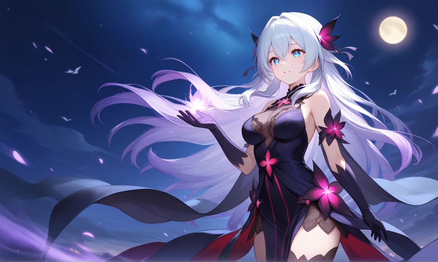 ancient stone jewelry/(Holographic live broadcast/), silver hair，Butterfly，long white hair，8k wallpaper，Detailed background，Highest resolution，Deep V big breasts，hair covering one eye，church background，purple Rose，tight，moon，
