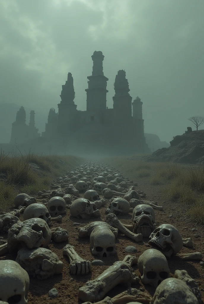 kingdom destroyed in complete chaos anime scenery a pile of bones
