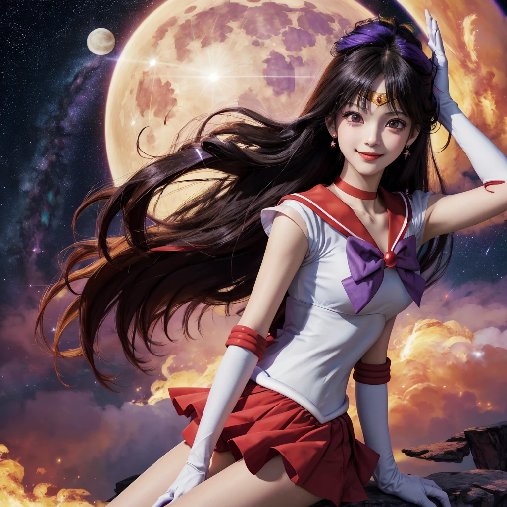 ((HD Realistic, SAMA1 Level)), Extreme Realistic, Masterpiece, Best Quality, High Resolution, SAMA1, Headwear, Sailor Sensi Uniform with Medium Chest, White Gloves, Red Sailor Collar, Red Skirt, Star Necklace, Elbow Gloves, Pleated Skirt, Bare Leg, Purple Bow, Standing, Space, Moon, Smile, Stunning Face Detailing