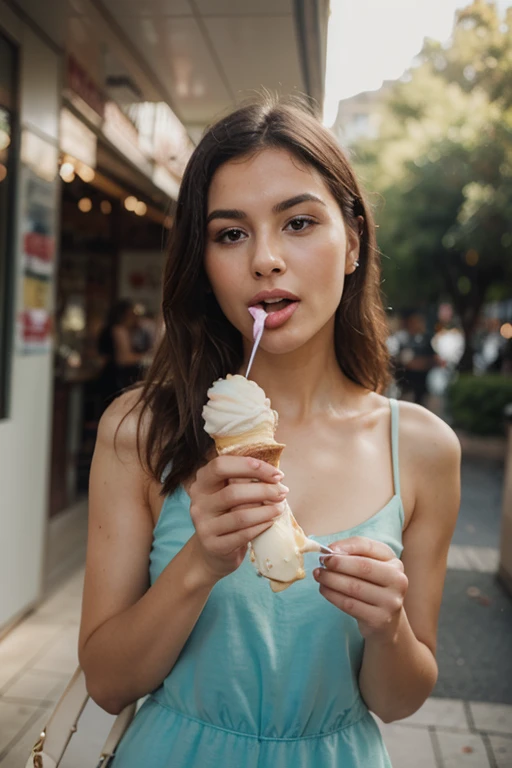 a beautiful girl eating an ice cream, wearing a lovely skirt, detailed facial features, charming expression, photorealistic, cinematic lighting, warm color tones, highly detailed, intricate details, 4k, 8k, realistic, hyper detailed, masterpiece