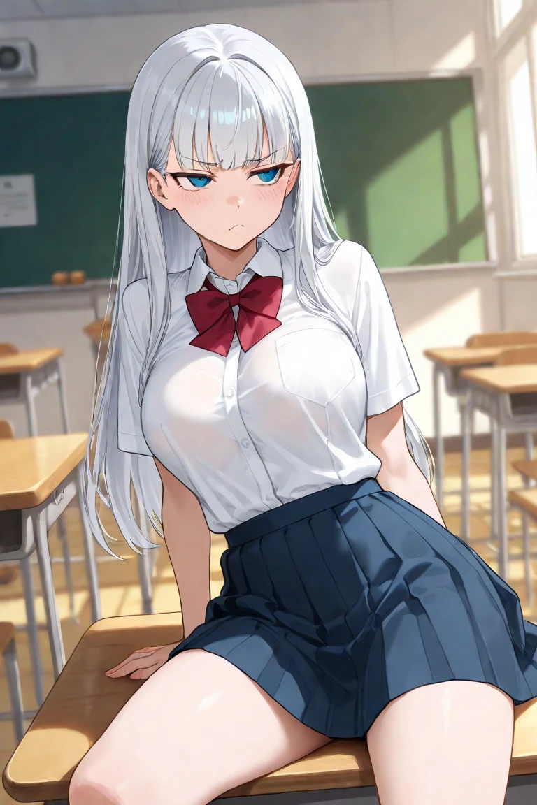 Best Quality,masutepiece,fullnude，look down on, Upper body,silber hair，Strands of hair,Fair skin,‎Classroom，tiny chest、Take off your uniform, Bow, Red bow, Long sleeves, Shirt, Collared shirt, White shirt, Skirt, Pleated skirt, Black skirt, tiny chest、looking at the viewers, BREAK (masutepiece:1.2), Best Quality, High resolution, Unity 8k壁纸, (Illustration:0.8), (Beautiful detailed eyes:1.6), extra detailed face, Perfect Lighting, extremely details CG, (Perfect hands, Perfect Anatomy),A smile、(Skirt lift:1.3), (white  panties:1.3)、(Skirt that rolls up:1.3)、(Fully exposed panties:1.5)