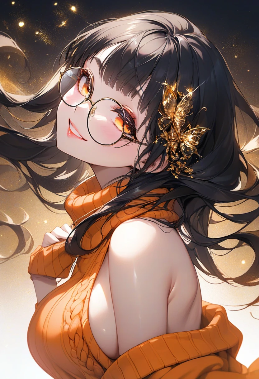 close up chirascuro portrait mixed with tarot card border frame, (anime girl with gradient hair,multicolored hair,brown hair, very long hair, black-framed eyewear,medium breasts,blunt bangs,sidebangs,freckles,)