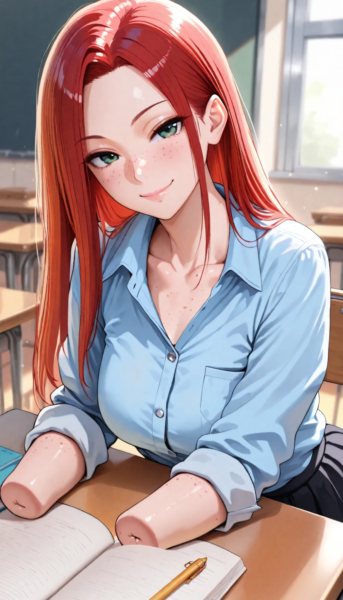 beautiful armless amputee girl dressed in blue shirt with rolled sleeves and skirt studying in the shiny classroom, girl, cute, sassy, smile, green eyes, (freckles), redhead, ((long straight red hair)), ((light blue button down shirt)), (((rolled up sleeves))), ((missing forearms)), ((elbows)), ((amputee)), (((arm stumps))), (((collarbone))), big chest, (chest pocket), ((legs)), looking at viewer, classroom, masterpiece, best quality, amazing quality, realistic, hyper-detailed, (((studying))), desk,