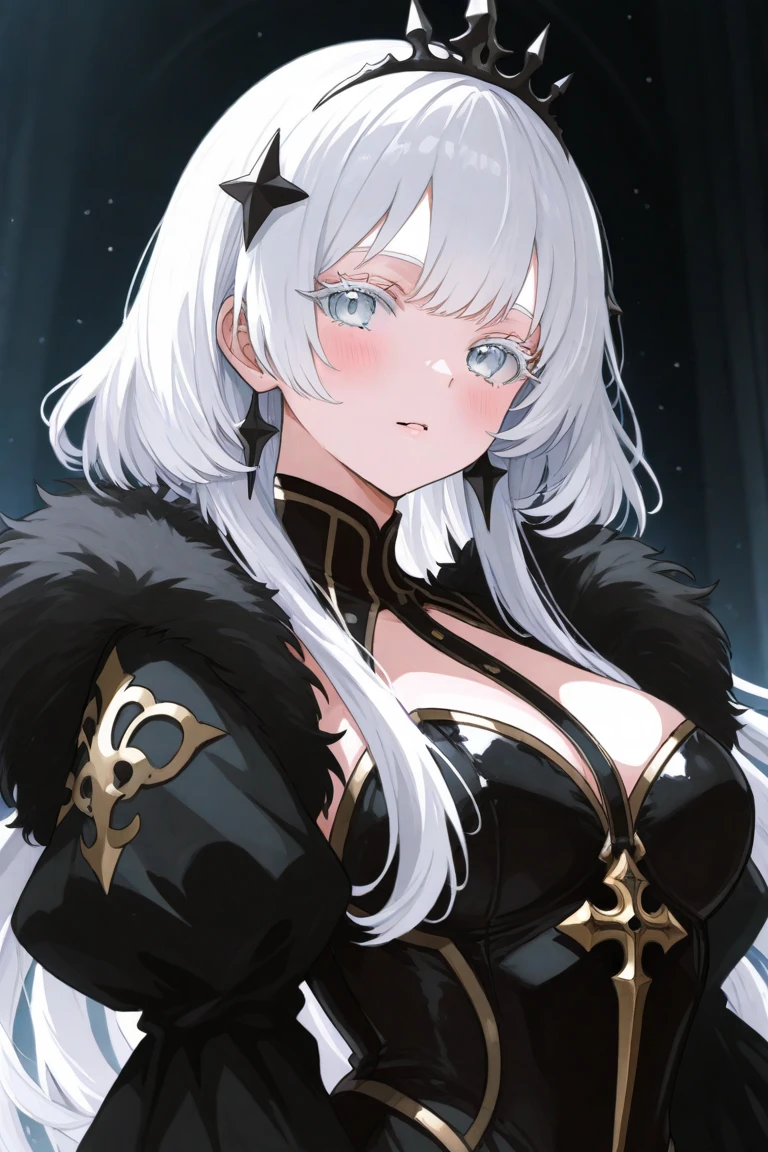 vampire, masterpiece, best quality, super detailed, illustration, super detailed face, best face, evil,, adult, 1girl, 30 years old, big breasts, no human, gray hair, armor, cross necklace, crown, cape, belt, pale skin, intricate details,