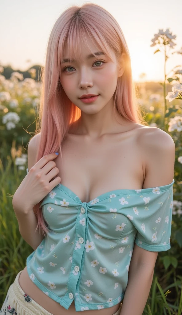 Beautiful caucasian girl, asian girl eyes, soft asian eyes, egirl style, beautiful face, beautiful pale skin, clean skin, pink hair with bangs, long pink hair, round blue eyes, charming beautiful blue eyes, defined eyebrows, dark eye liner, dark eyelashes, soft skin, cute nose, soft smile, red sexy lips, egirl makeup, cute face, flirty look, mesmerizing look, fit body, medium breasts, small waist, pink style, wearing white sundress, sundress with lace details, sexy dress, at a lake, beautiful legs, best lighting, natural light, best quality, best colors, ultra realism, highly detailed, 4k