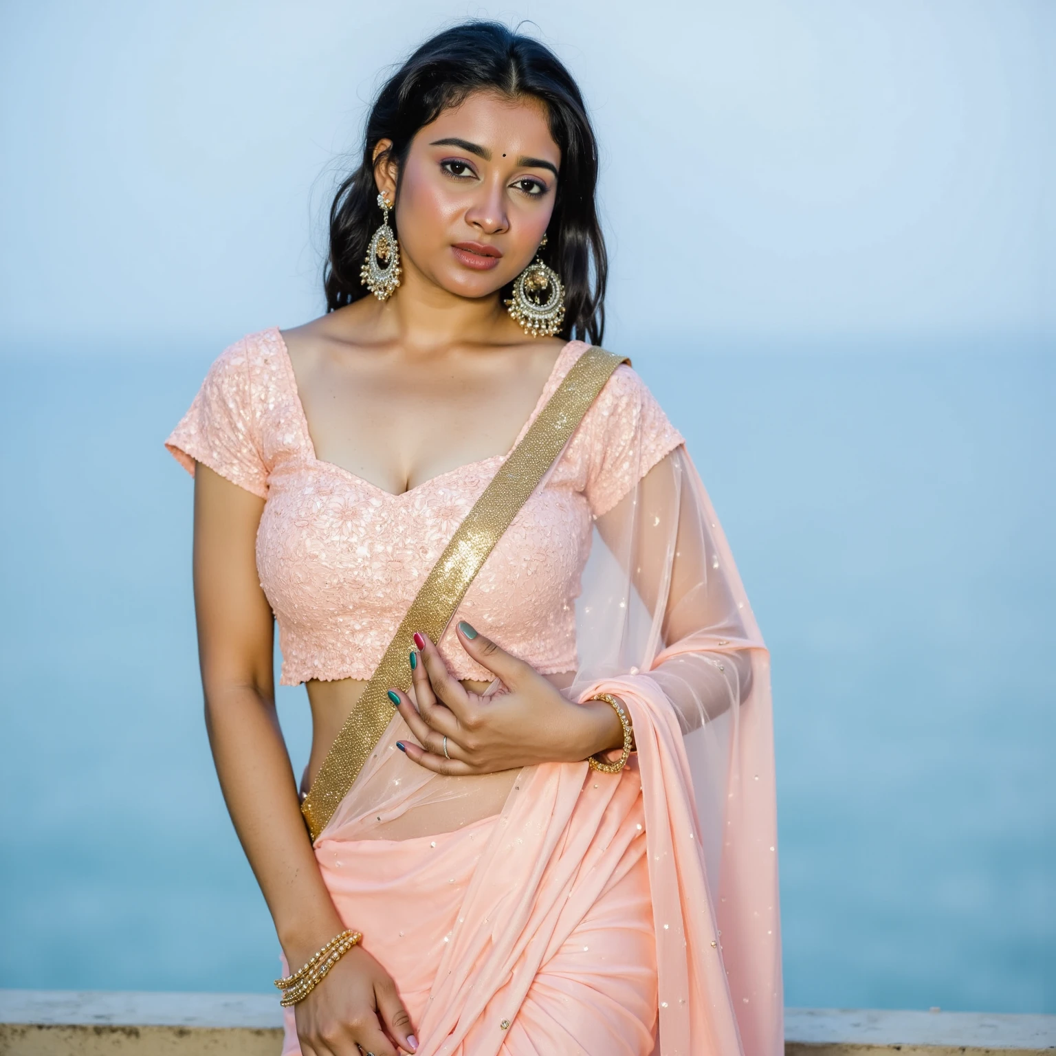 A beautiful girls smooth face full body plus size 4.5 and wearing blouse saree picture quality 8k 16k picture lighting LED, breast size large, location beach