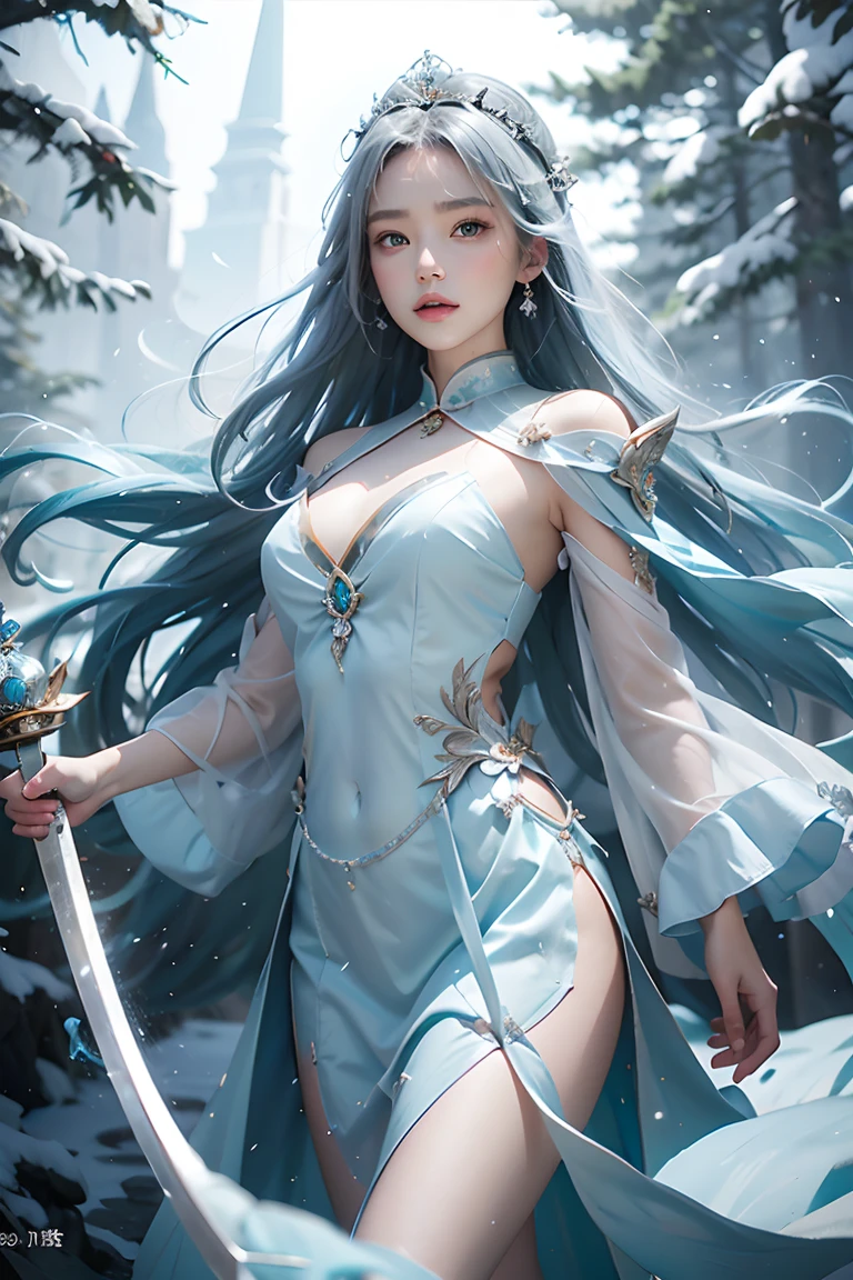 One girl,Ice Blue Dress, Silver Jade Kion, Wearing a jade phoenix crown, Holds the Snow Lotus Sword, Approaching figure, Wandering Alone, 雪に覆われたice lake, Deep pine forest, White snow, ice lake, Ice cold, As graceful as jade, Noble and mysterious, One girl, Shine,Faded Light,Cast lighting,masterpiece,16K