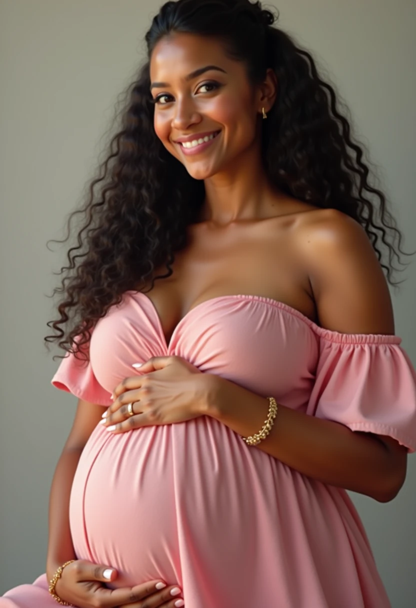 A pregnant African American woman wearing  a pink flowing dress and prince accessories wearing a long bone straight wig