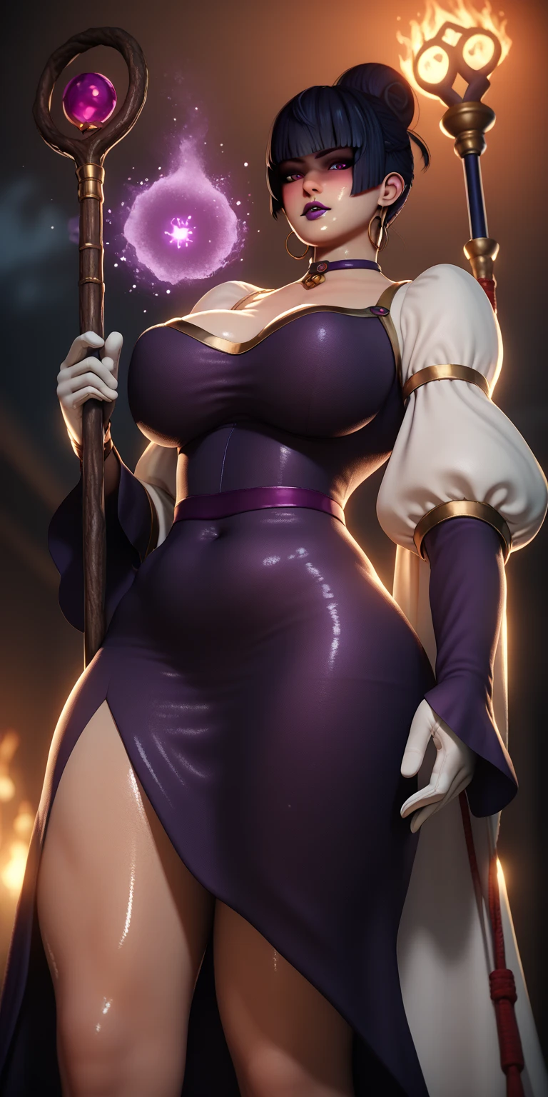 score_9, score_8_up, score_8, score_7_up, bouqtm, 1girl, nyotengu, single hair bun, purple eyes, huge breasts, purple lips, plump, shiny skin, 1girl, solo, gloves, breasts, earrings, jewelry, white_gloves, black_hair, staff, looking_at_viewer, parted_lips, holding, dress, from_below, holding_staff, long_sleeves, puffy_sleeves, covered_navel, black_dress, ((dusty)), ((aura)), Cinematic, looking down, shaded face