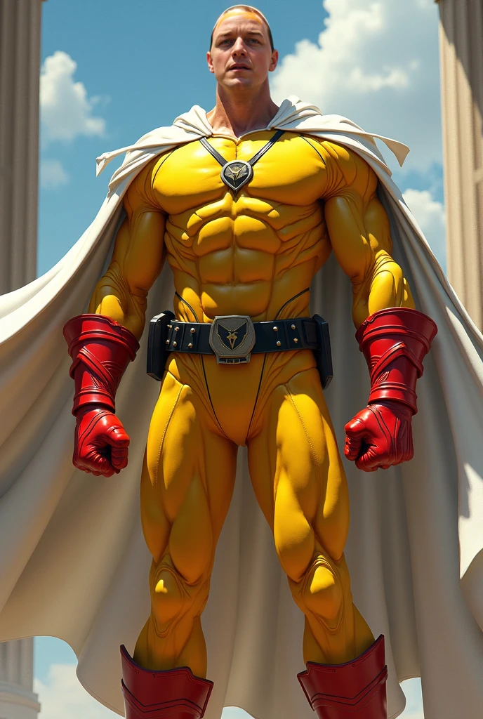 Best quality, ultra high resolution 8k, beautiful boy, manly man, bald head, very brave beautiful face, very fine face, slim and athletic body, yellow shirt, red gloves, white cape, yellow pants, suit stuck to body, almost a super hero, Saitama cosplay, action pose