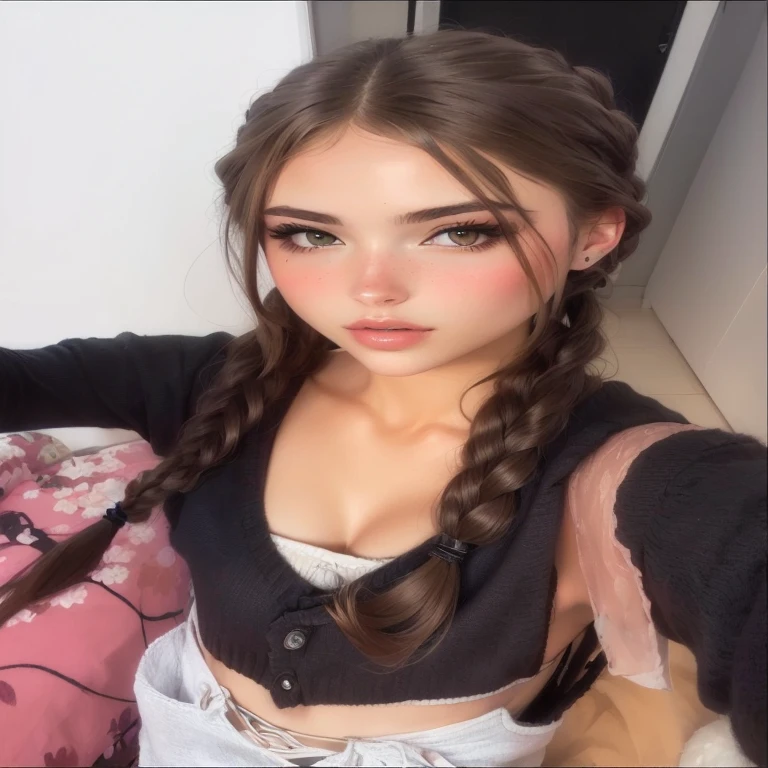 MilkGore, Modest Dress, long hair, twintails, closed mouth,  upper body, choker, sleeves past wrists, looking to the side, makeup,   (freckles:0.9), 