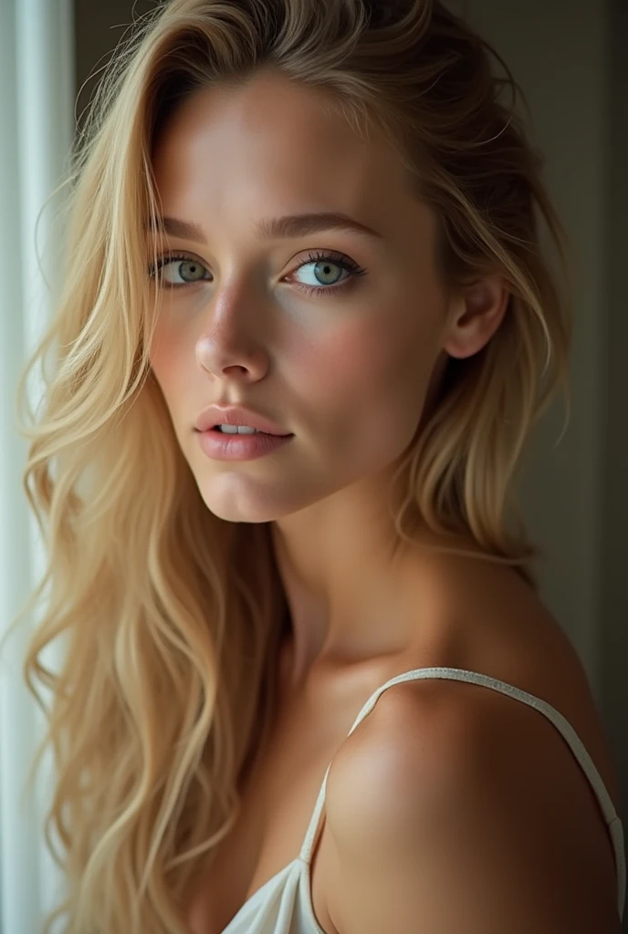 8 K, masterpiece, RAW photo, top quality, photorealistic, High Definition CG Unity 8 K Wallpaper, depth of field, cinematic light, lens flare, Ray tracing, full length portrait, (incredibly beautiful face, beautiful lips, beautiful eyes) White lace lingerie, lShort Blond Hair and blue eyes, futuristic city, Melissa Benoist