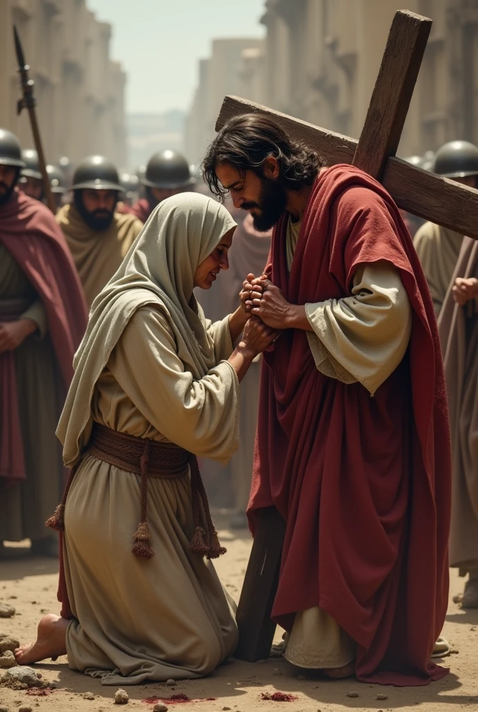 Jesus is depicted as He carries the Cross through the crowded streets of Jerusalem, struggling under its immense weight. His face shows signs of exhaustion and pain, and His white robe, stained with blood and dirt, clings to His battered body. He still wears the crown of thorns on His head, with the sharp thorns digging into His scalp, causing blood to trickle down His forehead and mix with sweat. As He moves forward, He encounters His Mother, the Virgin Mary, standing amidst the crowd. Mary is shown with a look of deep sorrow and anguish, her hands reaching out towards her Son. She is dressed in simple, modest attire, her expression a poignant mix of compassion and grief. The scene captures the emotional intensity of their encounter, with Jesus and Mary exchanging a brief but powerful gaze. The background remains the same dusty, crowded streets of Jerusalem, under an overcast sky that mirrors the somber mood. This moment highlights the profound emotional and spiritual connection between mother and Son amidst the suffering and pain.