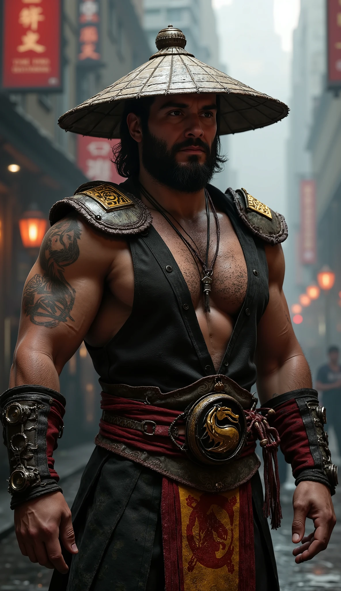 The image shows a character with a style What does Kung Lao refer to, one of the warriors of *  mortal kombat*. He is wearing a traditional Chinese-style hat, Kung Lao's feature, but with a modern twist. O The hat is light gray and has gold details. Her costume is blue , with a modern cut fitted to the body, showing a high collar that complements the combat style. He wears detailed shoulder armor, that gives an air of protection,  and around the waist , there is a belt with metal plates, suggesting the ruggedness of his clothing. In the center of your chest, exists the Kung Lao logo, that reinforces the identity of the character.   your muscles are visible  ,   denoting physical strength  , and he has visible tattoos on his arms, that adds a detail of his experience and personal history. The character's gaze is intense and serious, with an expression of focus and determination, prepared for combat. The background of the image appears to be dark,  urban environment, highlighting the character in a darker and more mystical environment.8k, rendered on realistic Unreal Engine 5 Ultra-detailed textures, Cinematic lighting
background: dense city,  Greg Rutkowski style  . dramatic lighting. 8k