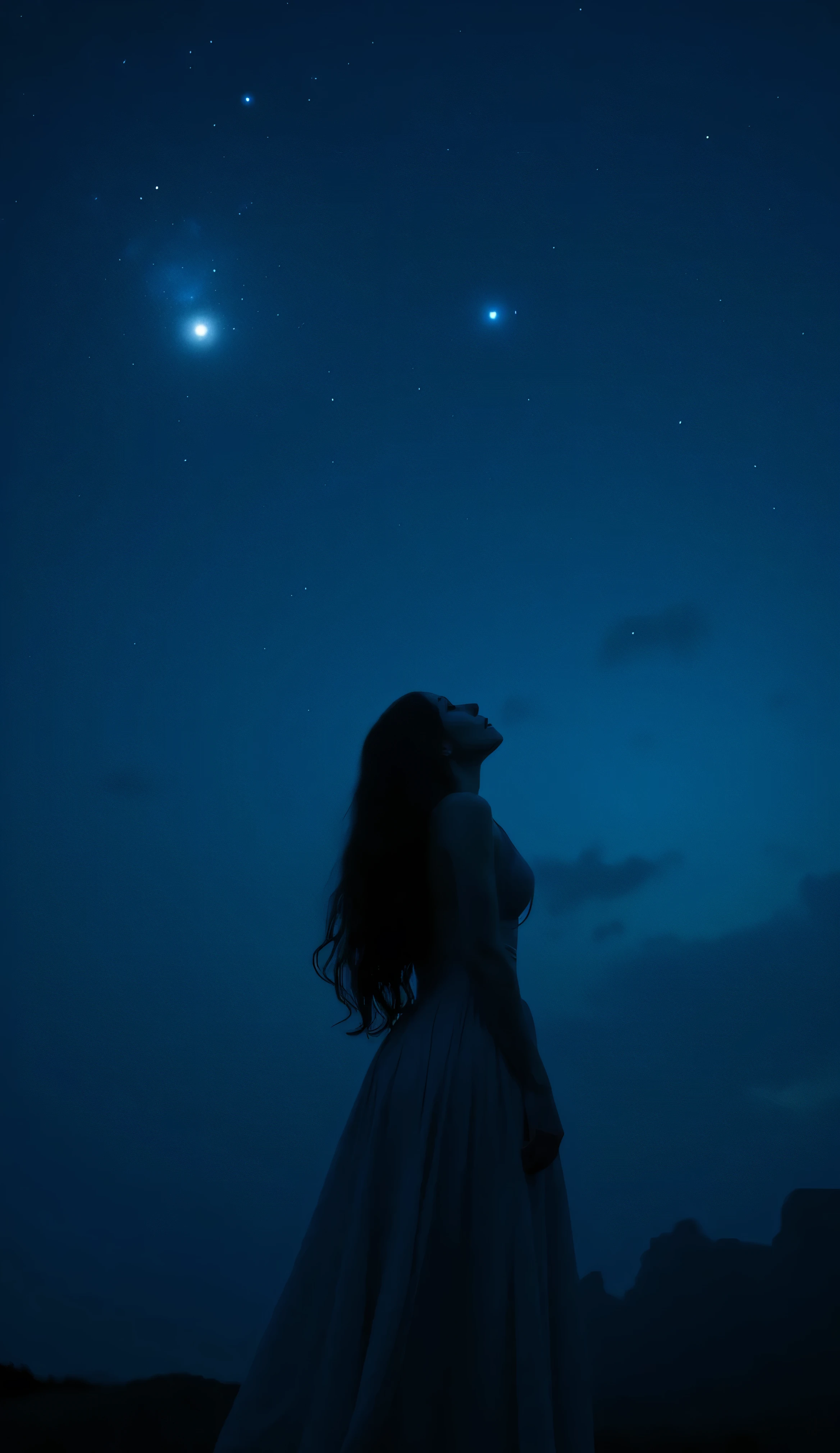 A full body dramatic artistic shot of a beautiful young woman with dark wavy hairstyle, ((very pale skin)), looking up at a starry night sky, cinematic shot, cinematic composition, thick mist, ((((deep dark sapphire blue color)))), at night, darkness, shadow, masterpiece, digitalart, painting, split complementary palette, muted, monochromatic, achromatic, (cinematic artistic composition), best quality, (ancient feel), philosophy, (flickers of floating glowing tiny blue particles), (((digital art style))), brushstrokes, artistic, sunset hard edge rim lighting