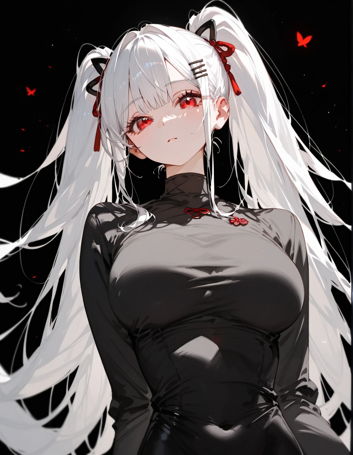 Produce an anime-style image, The girl, skin black, , it has ((Red eyes)) charming. {dark-skinned} white hair, The girl de corpo inteiro, Possession of a goddess, Portrait of character,((vertical)),Standing vertical with arms down, character sheet, vertical