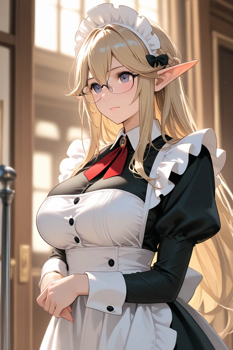 (Disdainful look:1.2),1girl,glasses,maid,elf,yellow eyes,disdain,evil,garters,large breasts,pointy ears,looking at viewer,long hair,blonde hair,expressive hair,clothes lift,best quality,Amazing,masterpiece,delicate,ultra high res,ultra detailed,8K,sharp focus,Lift up your skirt
