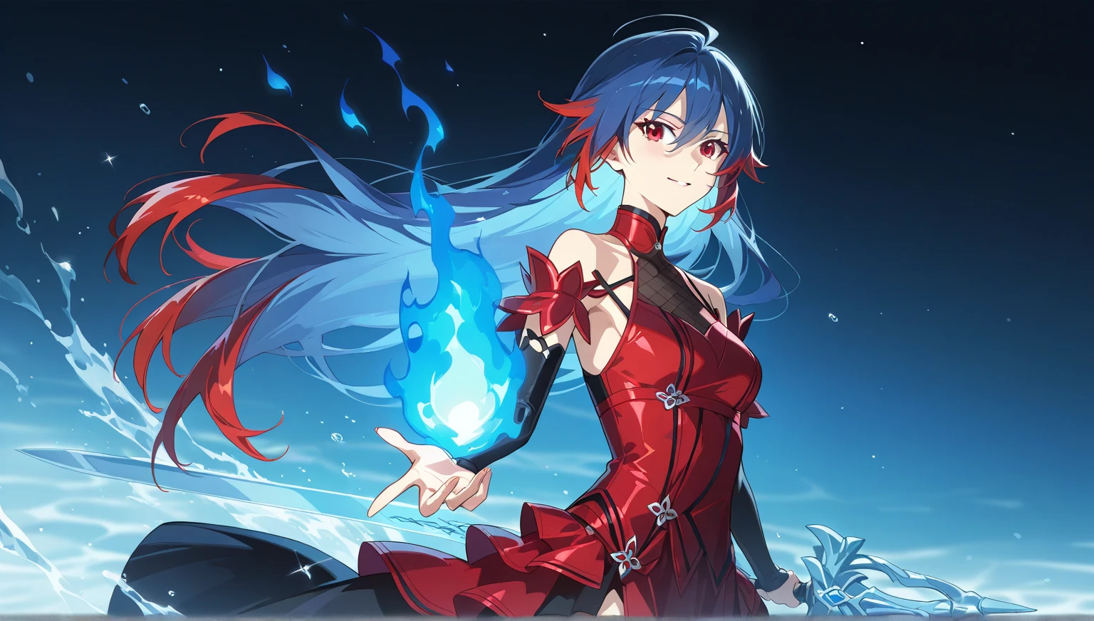 (masterpiece, best quality:1.1), priest \(dq3\), 1girl, solo, long hair, blue hair, red eyes, mitre, tabard, cross print, orange bodysuit, elbow gloves, large breasts, holding, staff, nature, blue sky, cowboy shot,