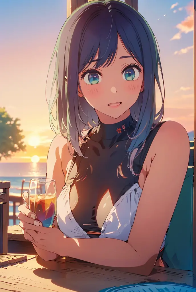 (Highest quality:1.4、masterpiece:1.4、Super detailed:1.4、8K:1.4)、F cup bust、Big Breasts、Slim body、((((1 person、Surprised expression、sit、In the background are the urban buildings of Tokyo、looking at the camera、Outdoor café terrace、coastal、Navy hair color、Shooting from an angle、juice、table、Sunset Beach、sunset、Very cute face))))、(((nude、Areola、bikini)))、Big eyes、((((Shallow depth of field))))、Holding a glass
